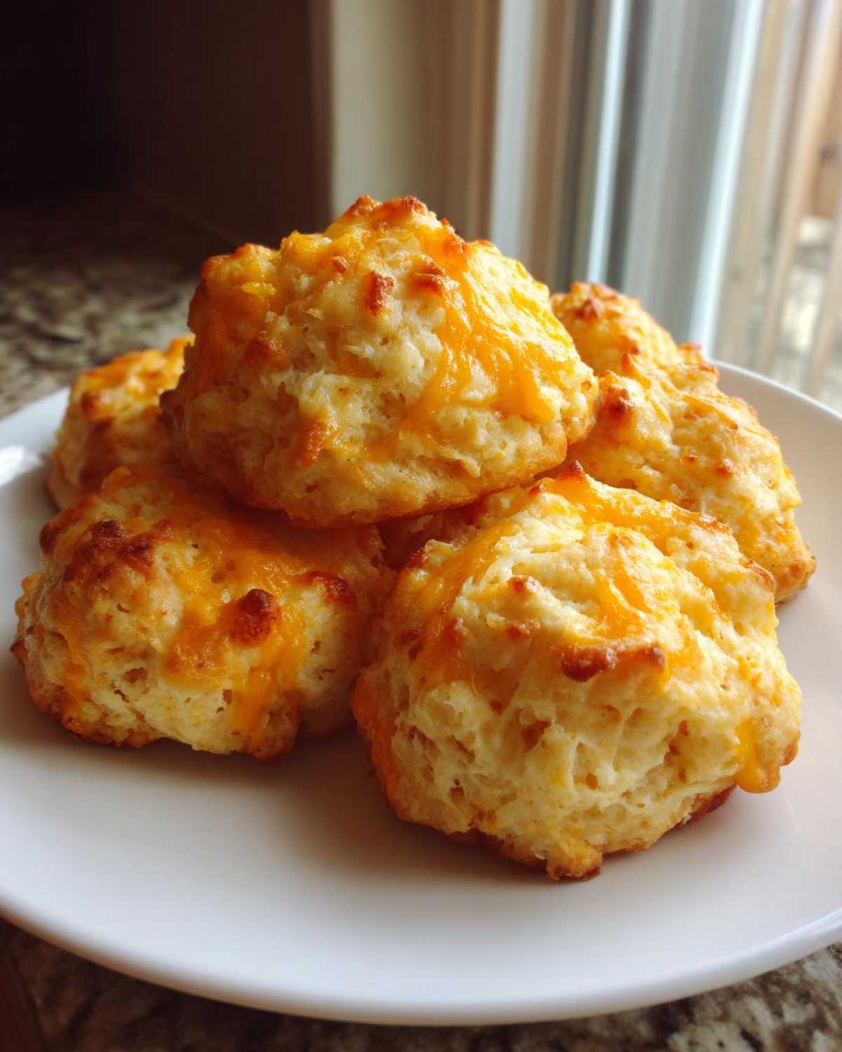A stack of freshly baked cream cheese sausage balls topped with melted orange cheddar cheese on a white plate.