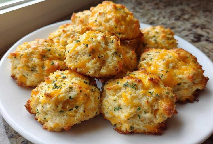 A pile of freshly baked cream cheese sausage balls topped with melted cheddar cheese and parsley on a white plate.