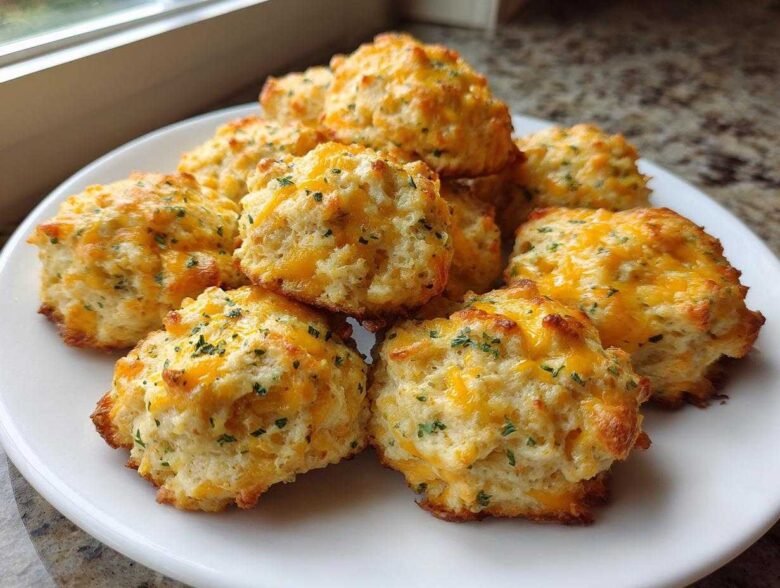 A pile of freshly baked cream cheese sausage balls topped with melted cheddar cheese and parsley on a white plate.