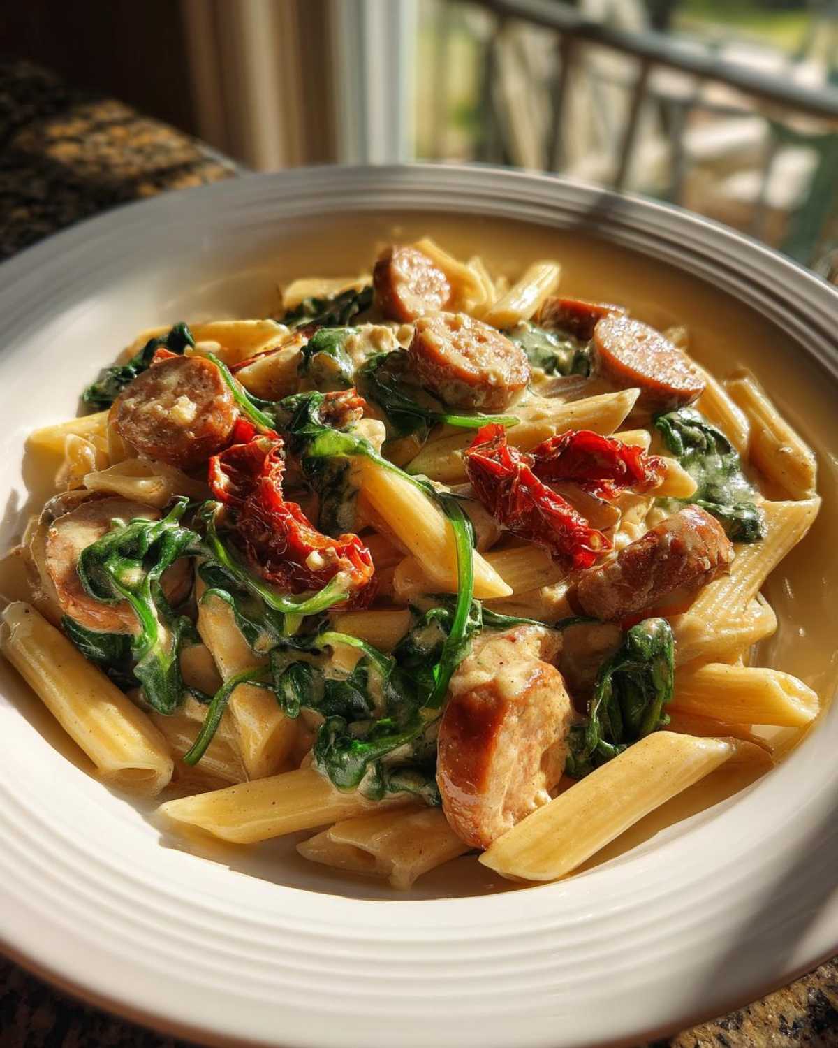 Close-up of a bowl of creamy chicken sausage pasta featuring penne, sliced sausage, wilted spinach, and sun-dried tomatoes.