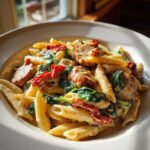 Close-up of creamy chicken sausage pasta featuring penne, sliced sausage, spinach, and sun-dried tomatoes.
