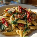 Close-up of creamy chicken sausage pasta featuring penne, spinach, and sun-dried tomatoes in a white bowl.