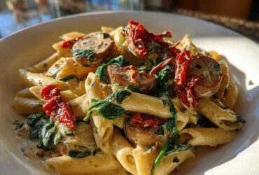 Close-up of creamy chicken sausage pasta featuring penne, spinach, and sun-dried tomatoes in a white bowl.