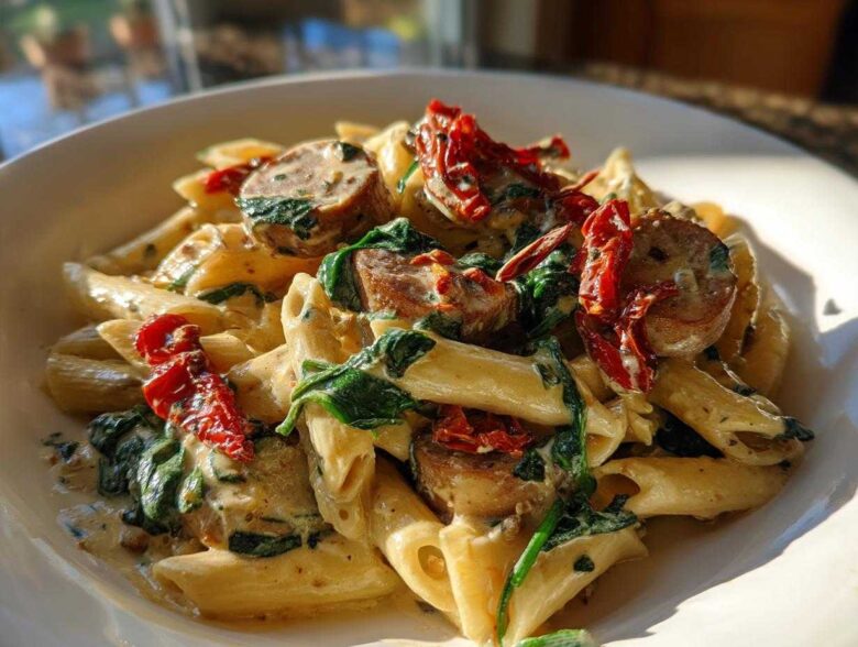 Close-up of creamy chicken sausage pasta featuring penne, spinach, and sun-dried tomatoes in a white bowl.