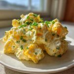 A mound of creamy egg salad recipe, featuring chunks of yellow yolk and white, topped generously with fresh green chives.