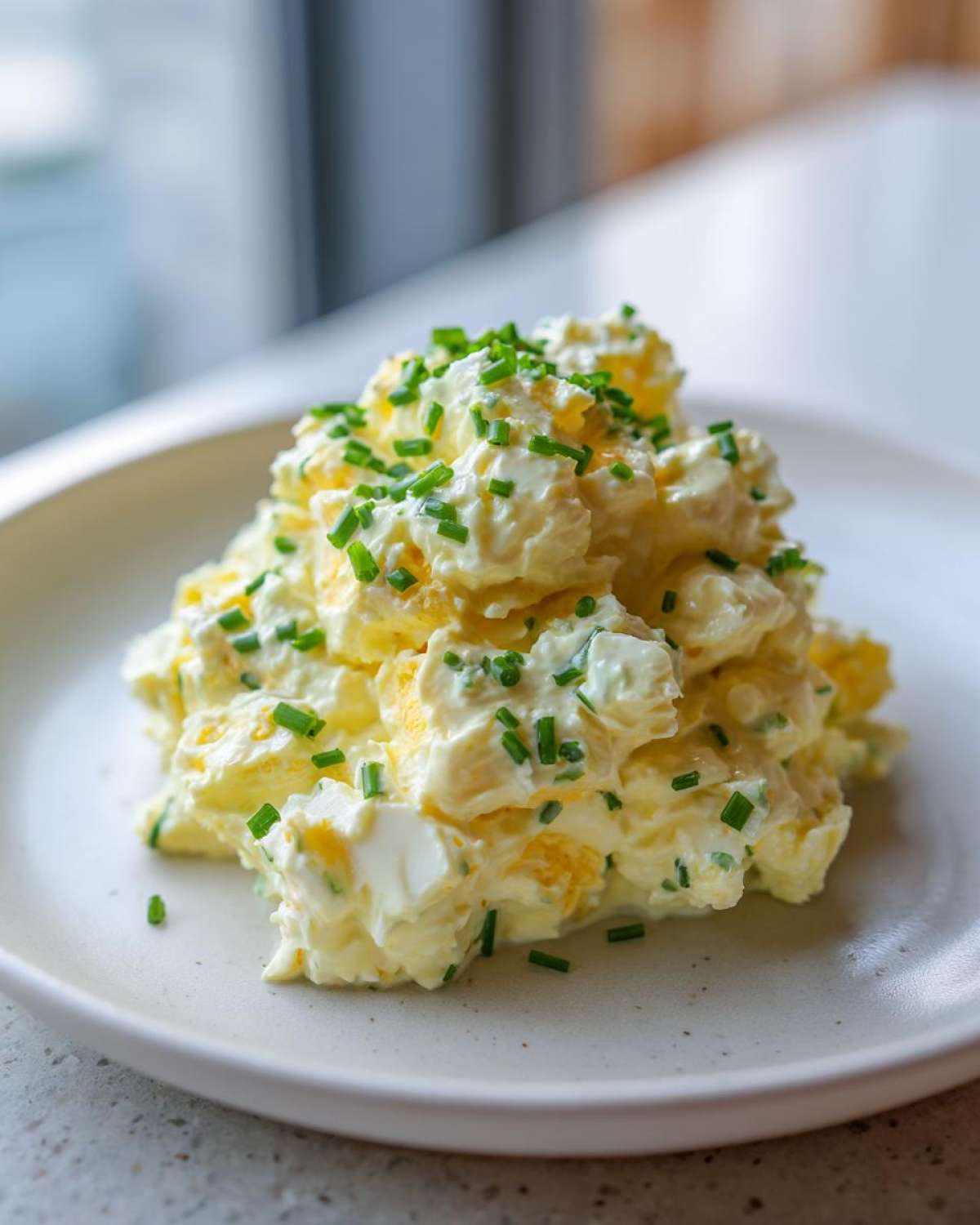 A mound of creamy egg salad recipe mixture, topped generously with chopped green chives, served on a light plate.