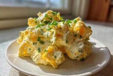 A mound of creamy egg salad recipe, featuring chunks of yellow yolk and white, topped generously with fresh green chives.