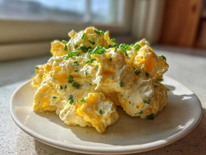 A mound of creamy egg salad recipe, featuring chunks of yellow yolk and white, topped generously with fresh green chives.