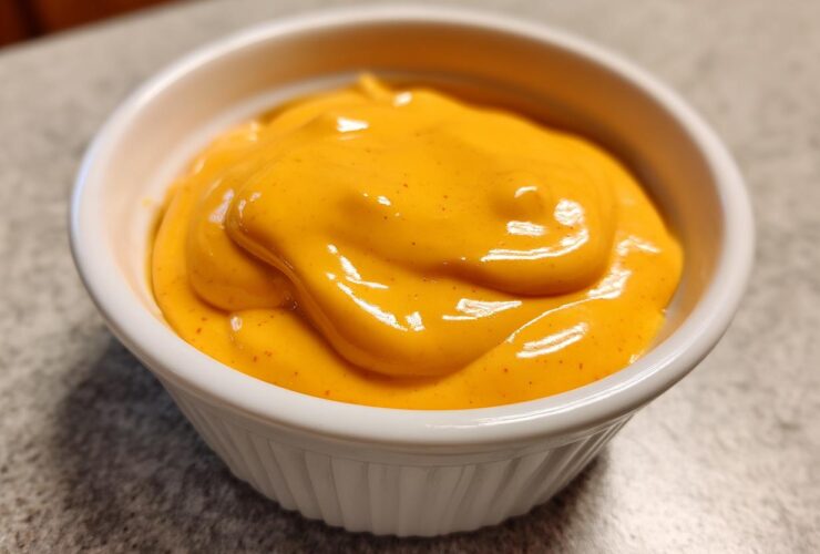 Close-up of smooth, bright orange nacho cheese sauce swirled in a small white dipping bowl.