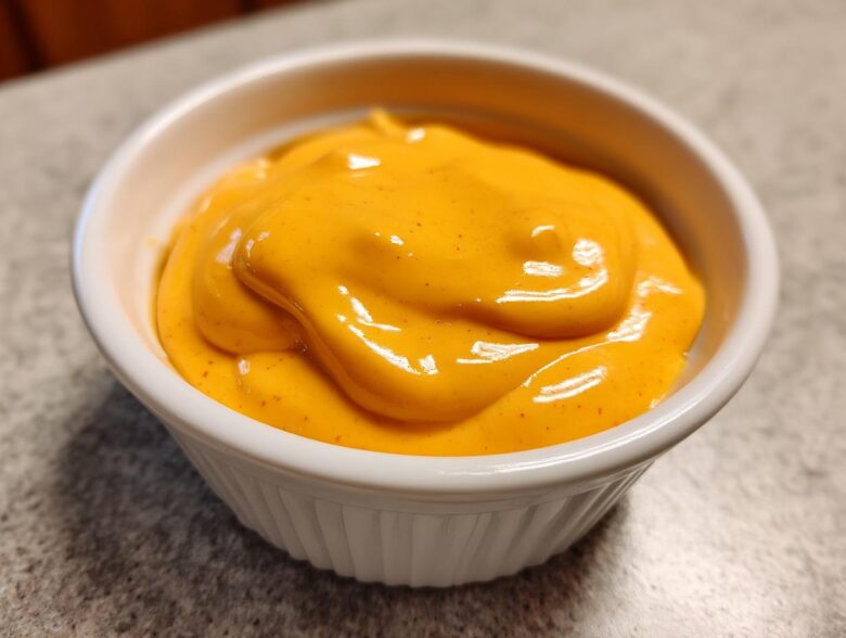 Close-up of smooth, bright orange nacho cheese sauce swirled in a small white dipping bowl.