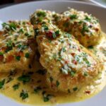 Close-up of three pieces of golden seared creamy lemon chicken smothered in a rich yellow sauce, garnished with Parmesan and parsley.