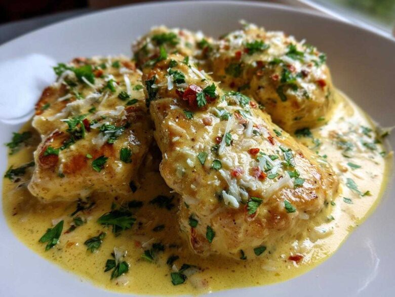 Close-up of three pieces of golden seared creamy lemon chicken smothered in a rich yellow sauce, garnished with Parmesan and parsley.