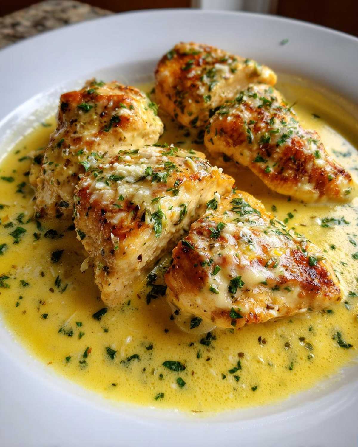 Four golden-brown pieces of creamy lemon chicken topped with herbs and cheese, resting in a rich lemon sauce.