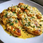 Close-up of pan-seared chicken breasts smothered in creamy lemon sauce, topped with grated Parmesan and fresh parsley.