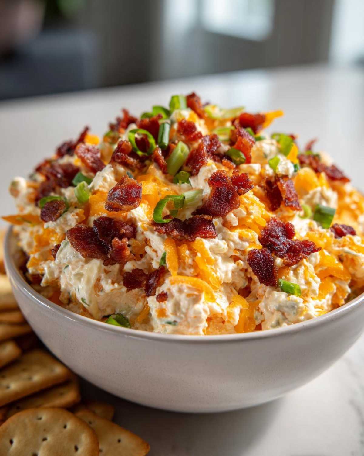 Close-up of creamy Million Dollar Dip topped generously with shredded cheddar cheese, crispy bacon bits, and green onions.