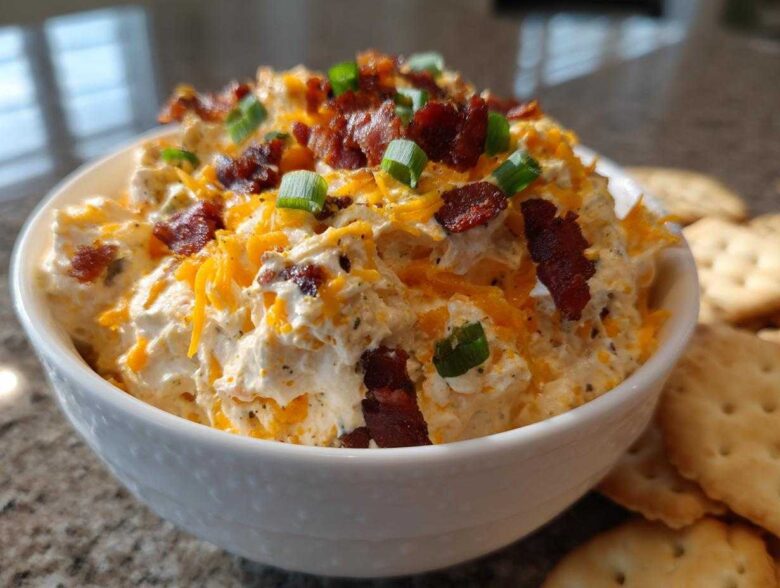 A close-up of creamy Million Dollar Dip served in a white bowl, topped generously with shredded cheddar, bacon bits, and green onions.