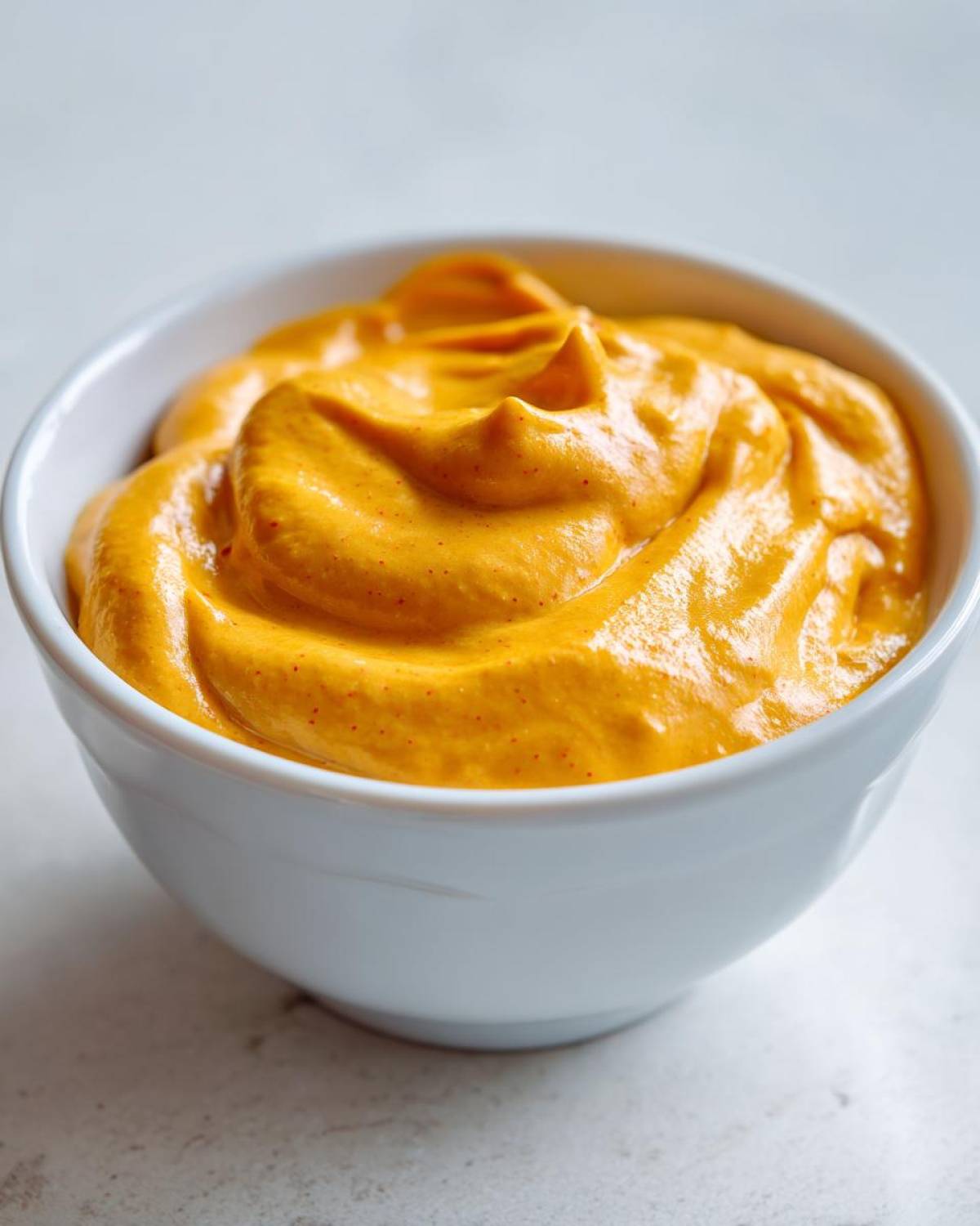 Close-up of thick, vibrant orange nacho cheese sauce swirled inside a small white bowl.