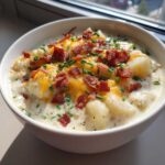 Close-up of a hearty bowl of creamy potato soup recipe, loaded with chunks of potato, melted cheddar cheese, bacon bits, and chives.