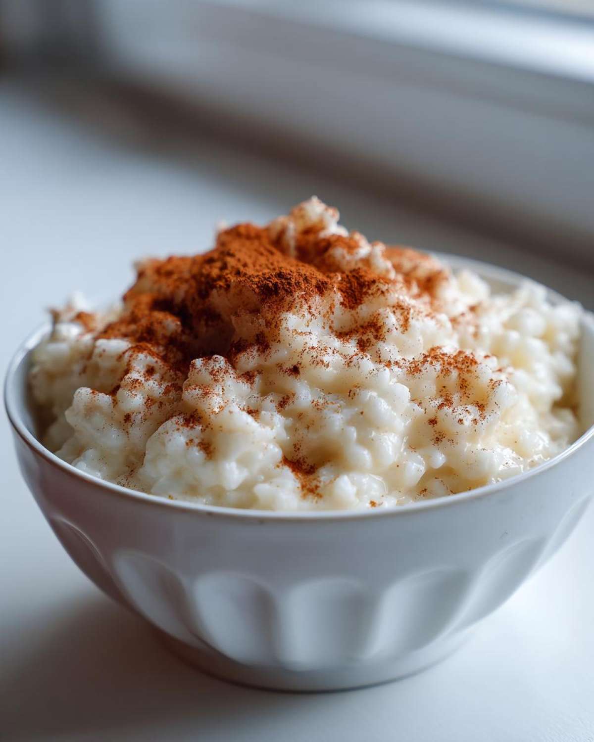 Close-up of a bowl of creamy rice pudding generously topped with ground cinnamon.