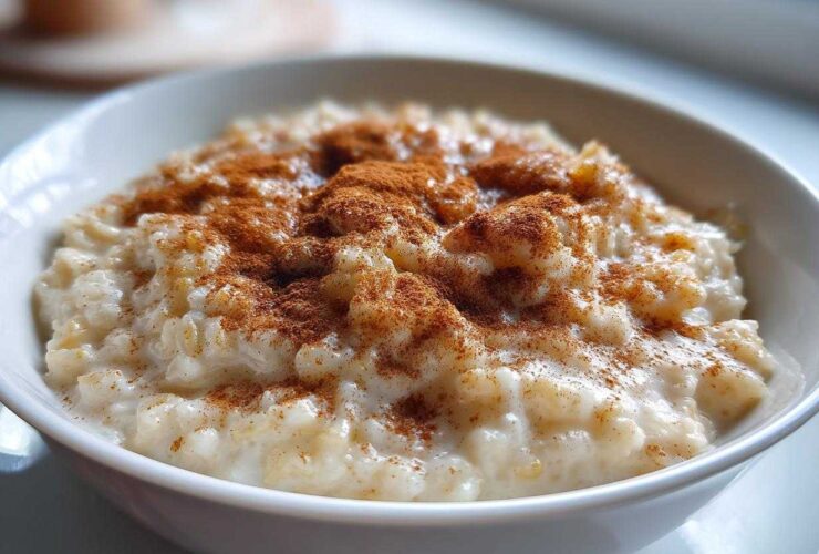 Close-up of a bowl of creamy rice pudding generously dusted with ground cinnamon.