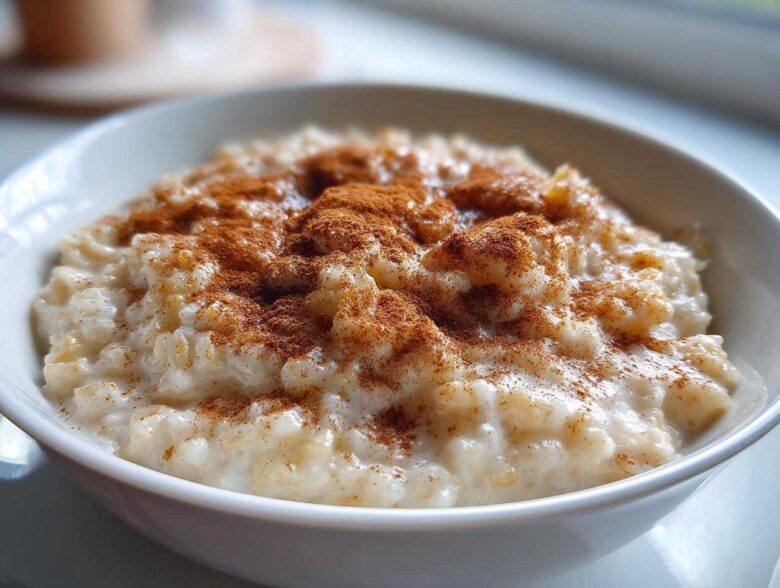 Close-up of a bowl of creamy rice pudding generously dusted with ground cinnamon.