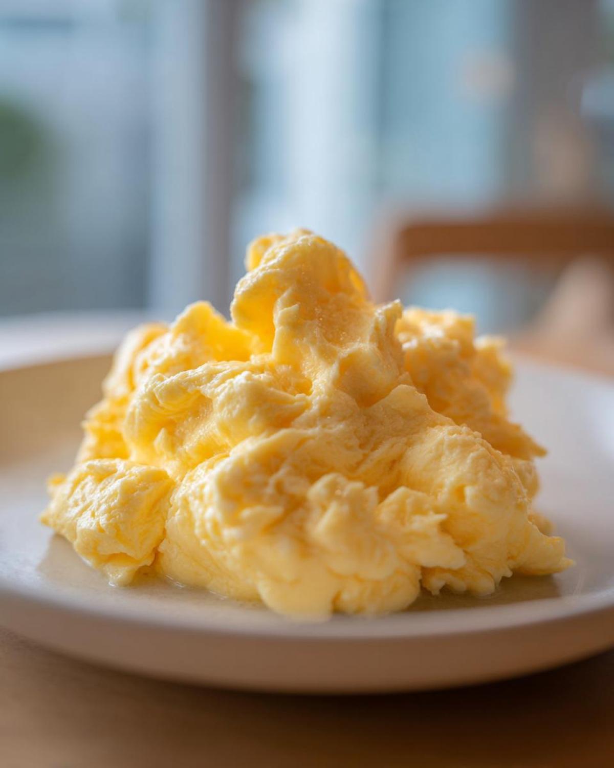 A close-up of fluffy, creamy scrambled eggs piled high on a white plate, highlighting their soft texture.