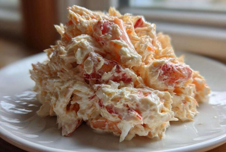 A mound of creamy seafood salad featuring shredded white and pink seafood mixed in a mayonnaise dressing, served on a white plate.