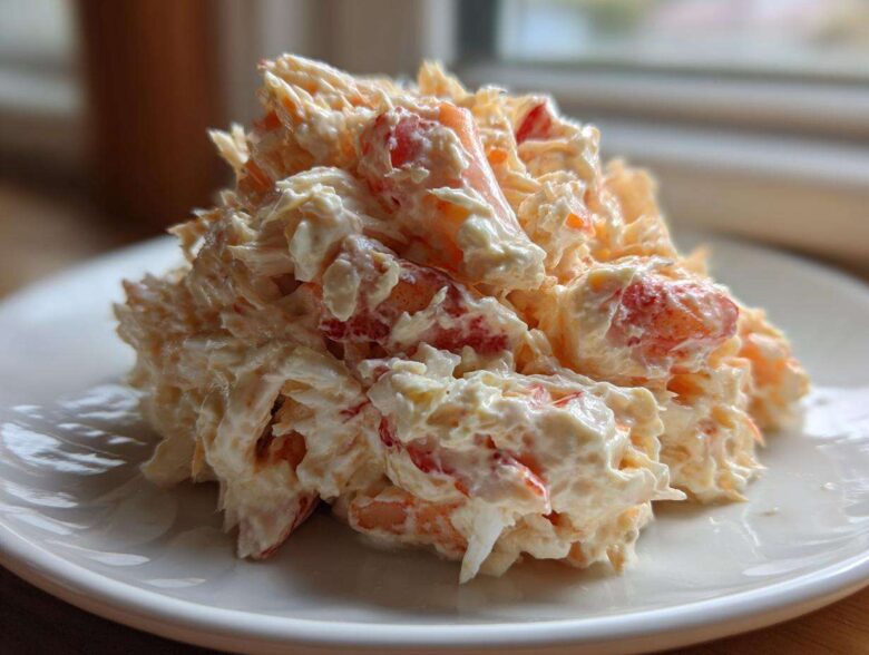 A mound of creamy seafood salad featuring shredded white and pink seafood mixed in a mayonnaise dressing, served on a white plate.
