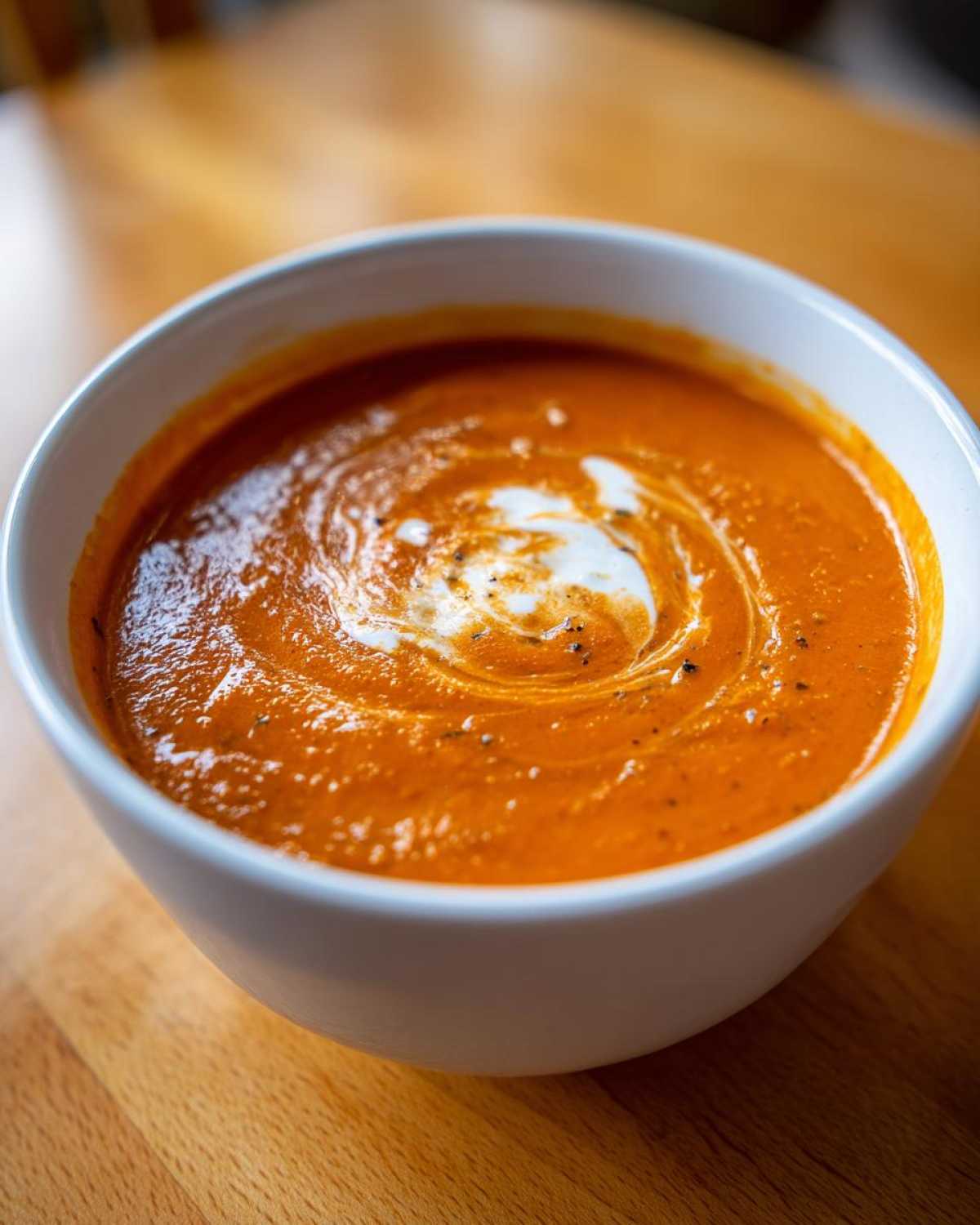 Close-up of a white bowl filled with rich, orange tomato bisque, topped with a swirl of cream and cracked pepper.