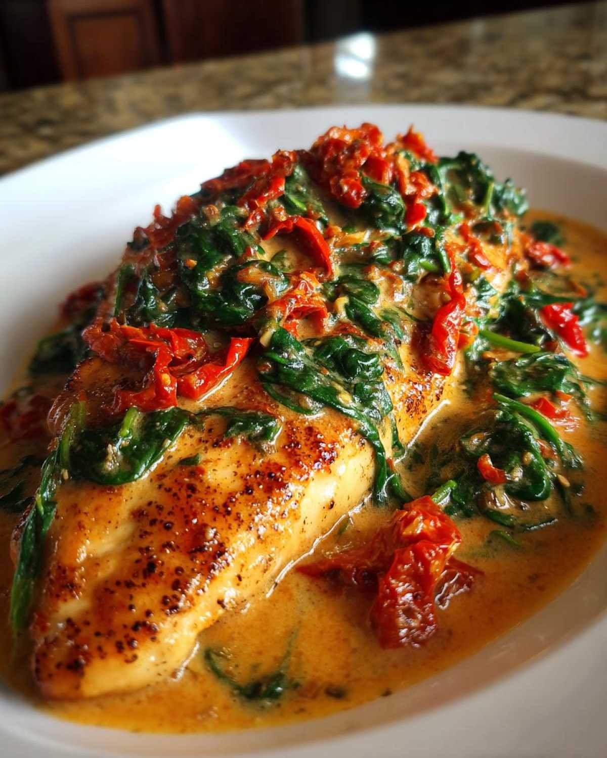 Close-up of a seared chicken breast smothered in creamy Tuscan sauce with spinach and sun-dried tomatoes.