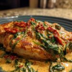 Close-up of a seared chicken breast smothered in creamy Tuscan sauce with spinach and sun-dried tomatoes, featuring the creamy tuscan chicken.