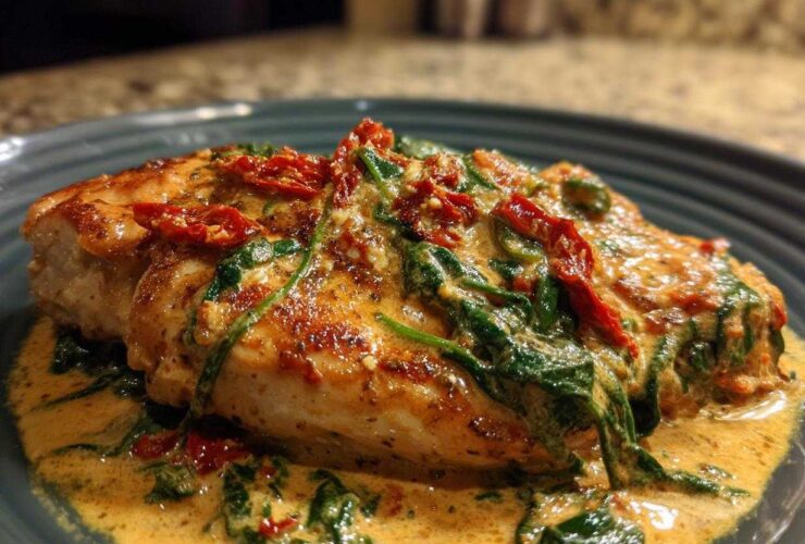 Close-up of a seared chicken breast smothered in creamy Tuscan sauce with spinach and sun-dried tomatoes, featuring the creamy tuscan chicken.