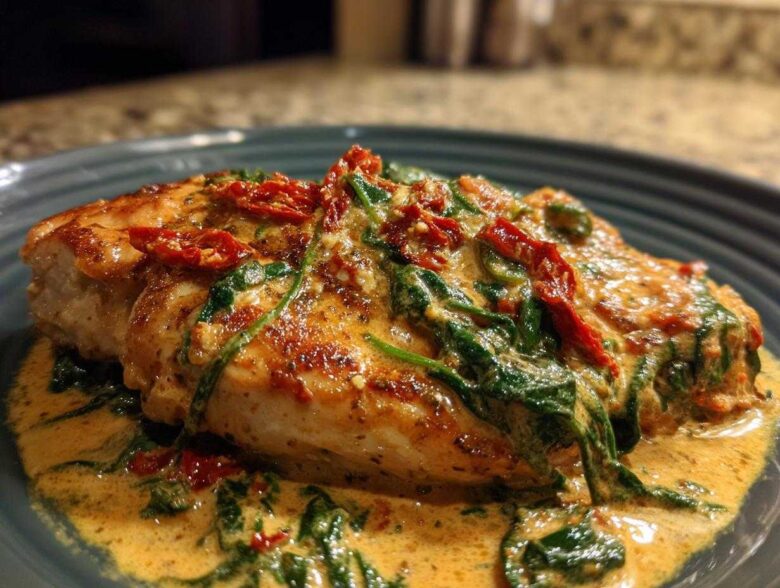 Close-up of a seared chicken breast smothered in creamy Tuscan sauce with spinach and sun-dried tomatoes, featuring the creamy tuscan chicken.