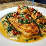Two golden-brown chicken breasts smothered in a rich, creamy sauce with spinach and sun-dried tomatoes: creamy tuscan chicken.