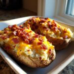Two delicious twice baked potatoes loaded with creamy filling, melted cheddar cheese, and crispy bacon bits.
