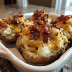 Four servings of creamy twice baked potatoes topped with melted cheddar cheese, bacon bits, and parsley.