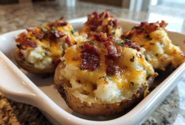 Four servings of creamy twice baked potatoes topped with melted cheddar cheese, bacon bits, and parsley.