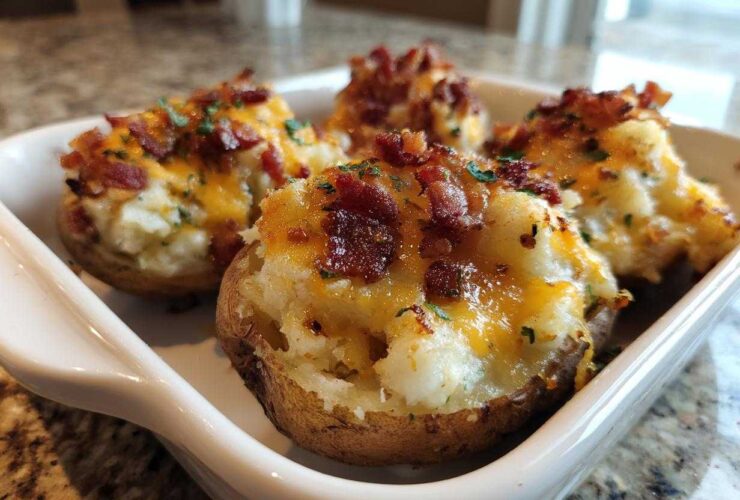Four servings of creamy twice baked potatoes topped with melted cheddar cheese, bacon bits, and parsley.
