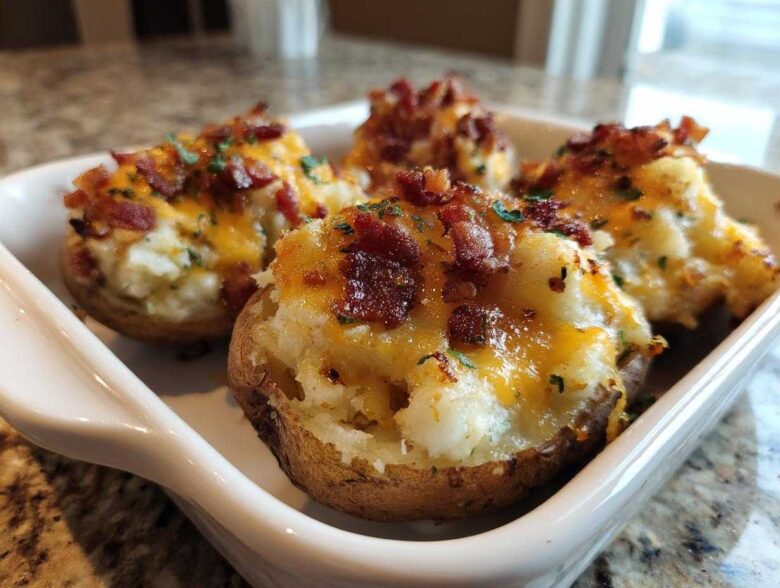 Four servings of creamy twice baked potatoes topped with melted cheddar cheese, bacon bits, and parsley.