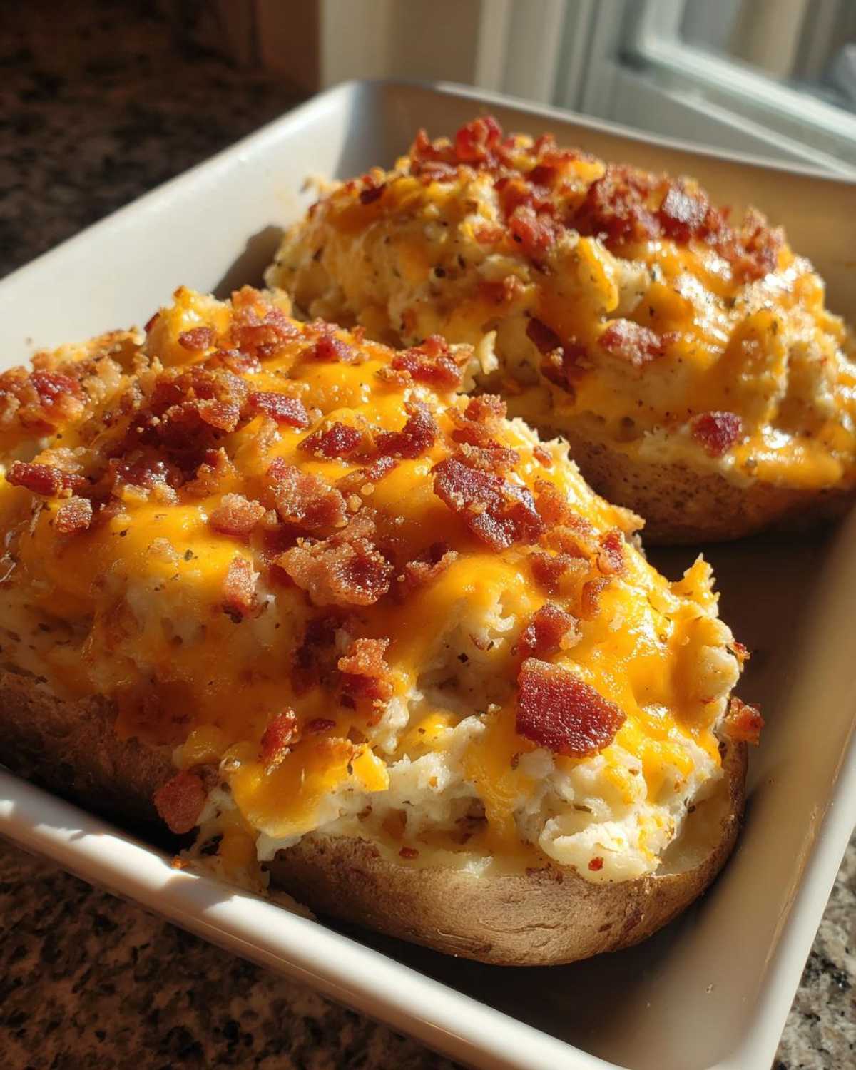 Two servings of creamy twice baked potatoes topped with melted cheddar cheese and crispy bacon bits in a white baking dish.
