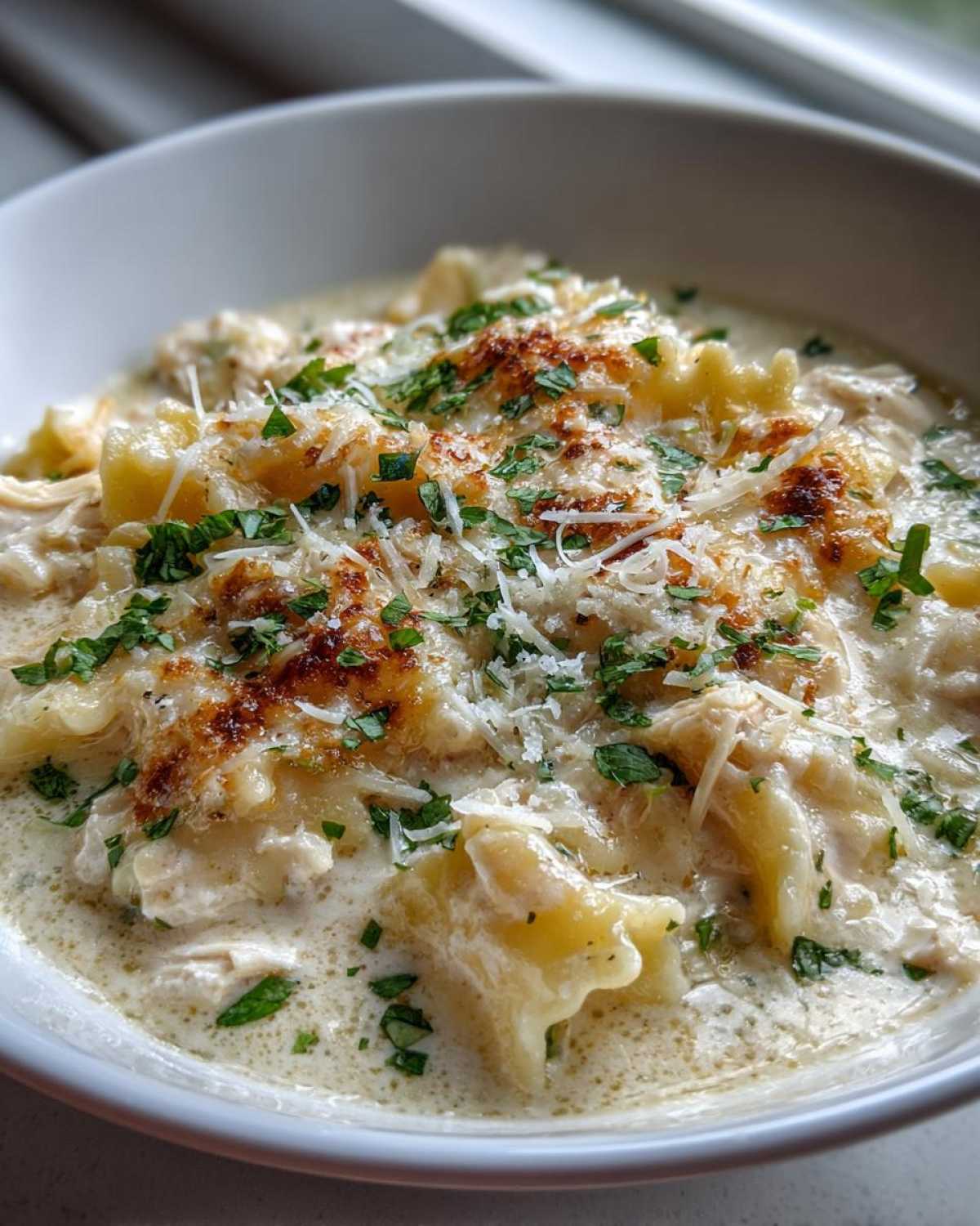 creamy white chicken lasagna soup - detail 1