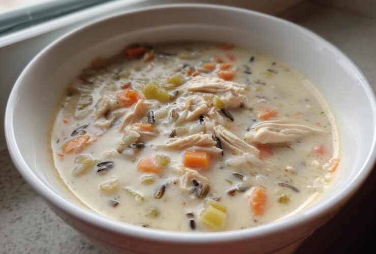 Close-up of a white bowl filled with creamy chicken and vegetable wild rice soup, featuring shredded chicken and visible wild rice grains.