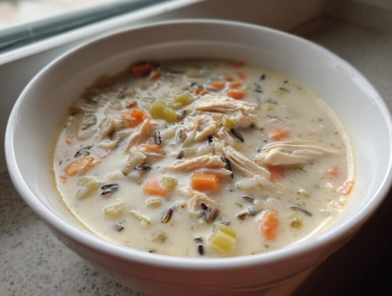 Close-up of a white bowl filled with creamy chicken and vegetable wild rice soup, featuring shredded chicken and visible wild rice grains.