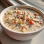 Close-up of a creamy bowl of amazing wild rice soup topped with shredded chicken, carrots, and celery.
