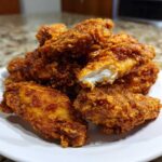 A close-up of a pile of golden brown, crispy fried chicken wings on a white plate, showing the juicy white meat inside one broken piece.