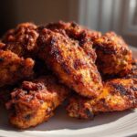 Close-up of a pile of perfectly seasoned and crispy air fryer chicken wings on a white plate.