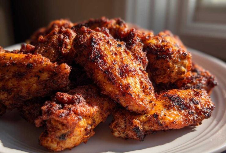 Close-up of a pile of perfectly seasoned and crispy air fryer chicken wings on a white plate.