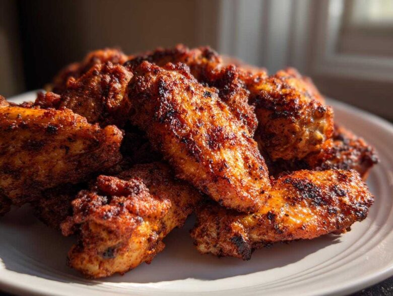 Close-up of a pile of perfectly seasoned and crispy air fryer chicken wings on a white plate.