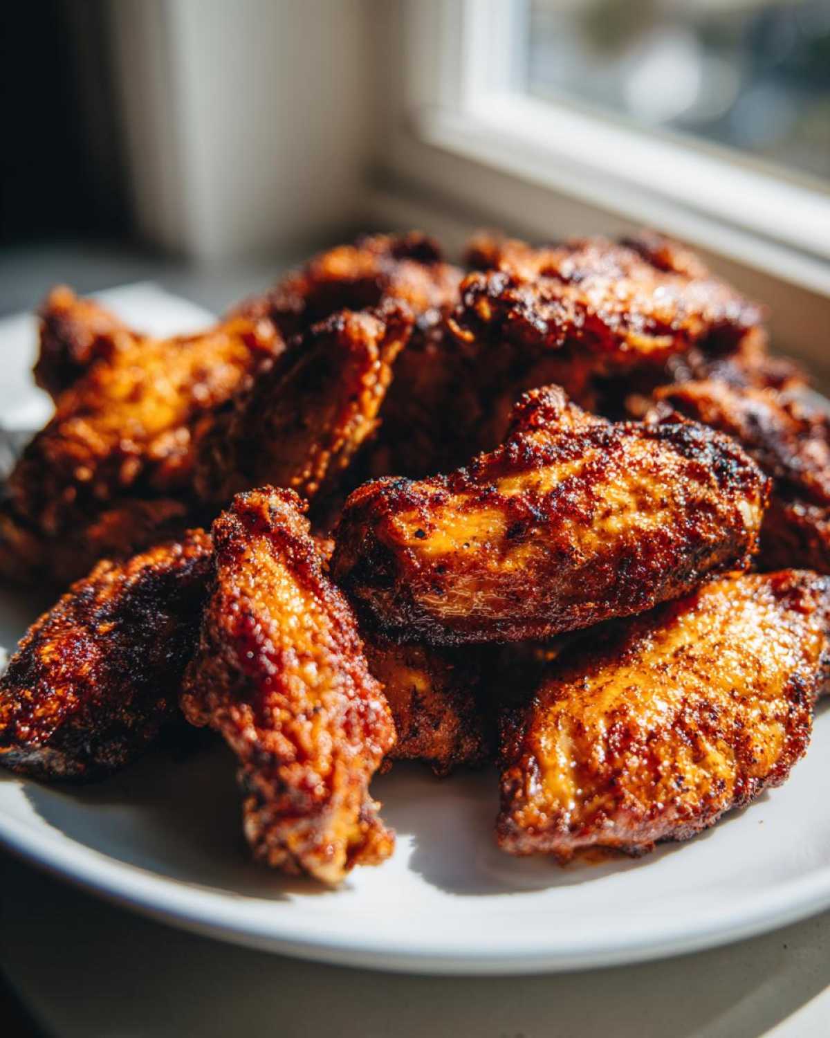 A plate piled high with golden brown, crispy air fryer chicken wings seasoned with spices.
