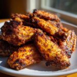 A close-up of a pile of perfectly seasoned and crispy air fryer chicken wings on a white plate.